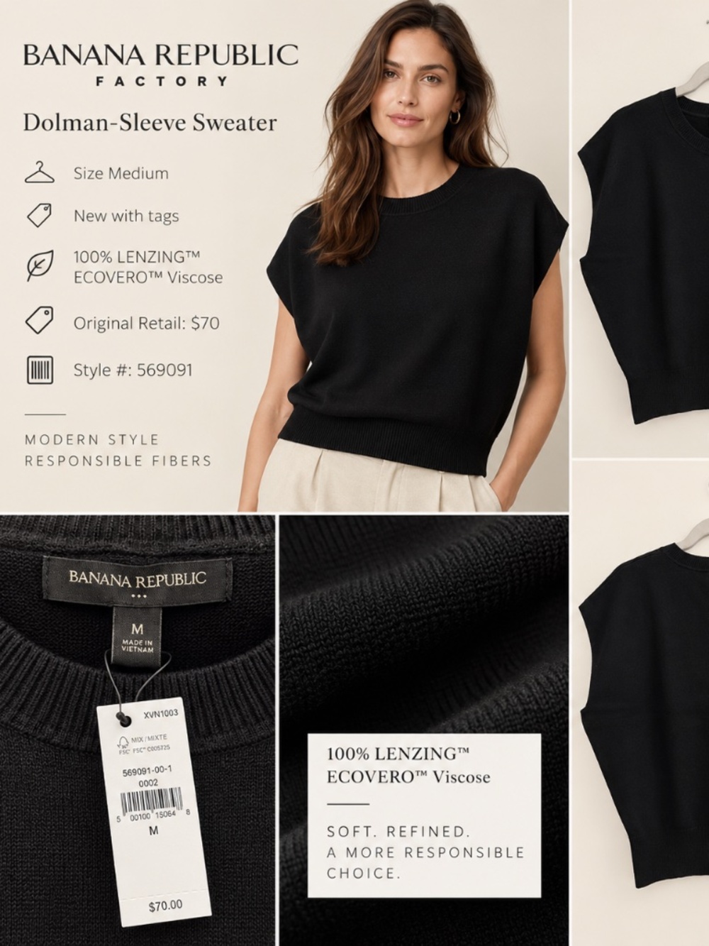 NWT Banana Republic Black Dolman Sleeve Sweater Top Size M $70